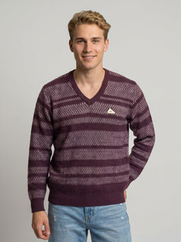 Monte Carlo - Purple Wool Blend V-Neck Full Sleeves Self Design Sweater