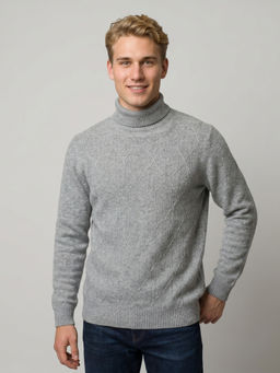 Monte Carlo - Grey Wool Blend Turtle Neck Full Sleeves Self Design Sweater