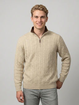 Monte Carlo - Beige Wool Blend High Neck Full Sleeves Self Design Sweater