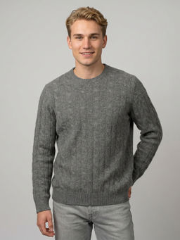 Monte Carlo - Grey Cashmere Round Neck Full Sleeves Self Design Sweater