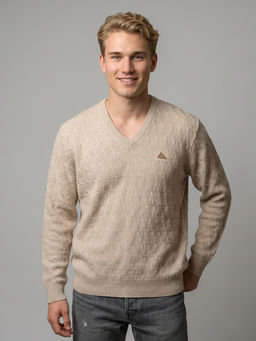 Monte Carlo - Beige Wool V-Neck Full Sleeves Self Design Sweater