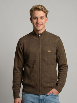 Monte Carlo - Brown Wool Blend High Neck Full Sleeves Self Design Sweater