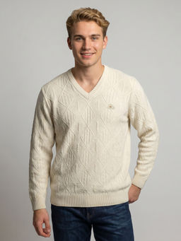 Monte Carlo - Off White Wool Blend V-Neck Full Sleeves Self Design Sweater