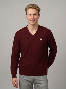 Monte Carlo - Maroon Wool Blend V-Neck Full Sleeves Self Design Sweater