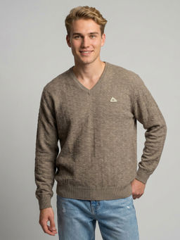 Monte Carlo - Brown Wool Blend V-Neck Full Sleeves Self Design Sweater
