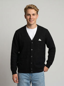 Monte Carlo - Black Wool Blend V-Neck Full Sleeves Self Design Sweater