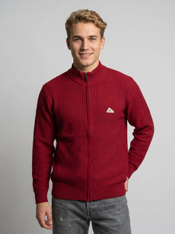 Monte Carlo - Red Wool Blend High Neck Full Sleeves Self Design Jacket