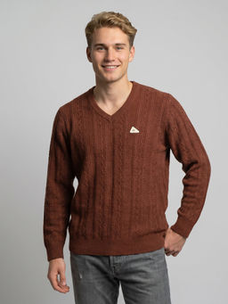 Monte Carlo - Brown Wool Blend V-Neck Full Sleeves Self Design Sweater