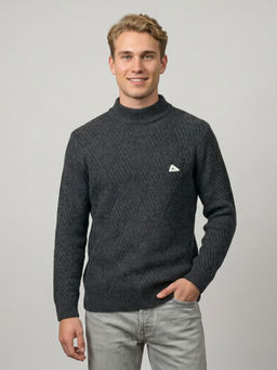 Monte Carlo - Grey Wool Blend High Neck Full Sleeves Self Design Sweater