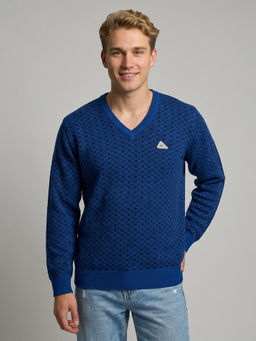 Monte Carlo - Blue Wool Blend V-Neck Full Sleeves Self Design Sweater