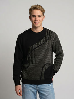 Monte Carlo - Black Wool Blend Round Neck Full Sleeves Self Design Sweater