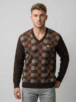 Monte Carlo - Brown Wool Blend V-Neck Full Sleeves Checks Sweater