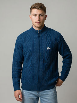 Monte Carlo - Blue Wool Blend High Neck Full Sleeves Self Design Jacket