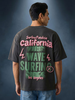 VEIRDO - California Dark Grey Oversized Puff Printed Exclusive T-Shirt