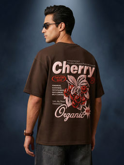 VEIRDO - Cherry Brown Oversized Puff Printed Exclusive T-Shirt