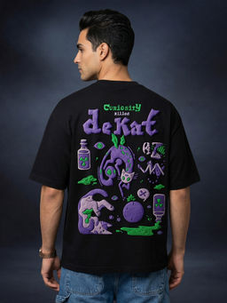 VEIRDO - Curiosity Black Oversized Puff Printed Exclusive T-Shirt