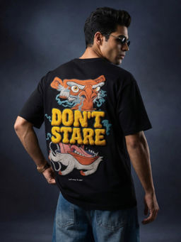 VEIRDO - Stare Black Oversized Puff Printed Exclusive T-Shirt