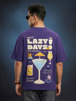 VEIRDO - Lazy Days Skipper Blue Oversized Puff Printed Exclusive T-Shirt