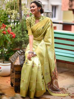 Odette - Green Tussar Silk Blend Saree with Unstitched Blouse