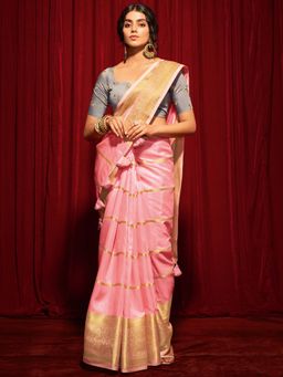 Akhilam - Womens Silk Blend Pink Woven Design Designer Saree with Unstitched Blouse