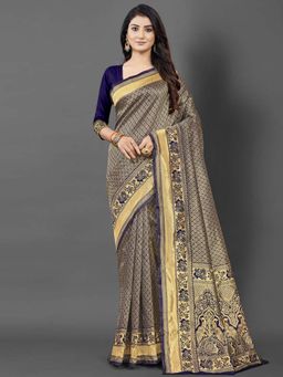 Akhilam - Women Silk Blend Navy Blue Celebrity Saree with Unstitched Blouse
