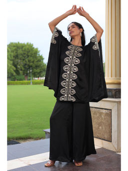 Zari Jaipur - Satin Silk Solid Embroidered Kaftan Top with Palazzo