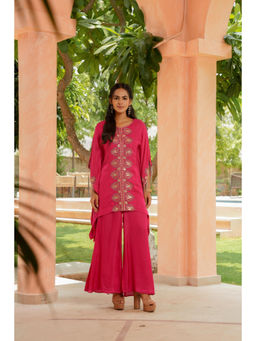 Zari Jaipur - Satin Solid Embroidered Kaftan Top with Palazzo
