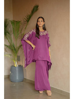 Zari Jaipur - Satin Solid Embroidered Kaftan Top with Palazzo