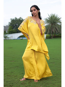 Zari Jaipur - Satin Silk Solid Embroidered Kaftan Top with Palazzo