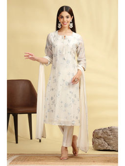 Cotton Culture - Off White Embroidered Chanderi Straight Kurta With Pant And Dupatta