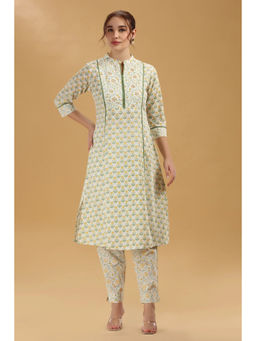 Cotton Culture - Cream And Green Jaipuri Cotton Printed A Line Kurta With Pant