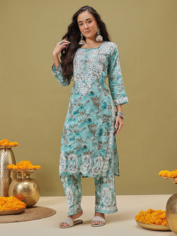 ADA - Hand Embroidered Lucknowi Chikankari Printed Cotton Blue Kurta with Pant