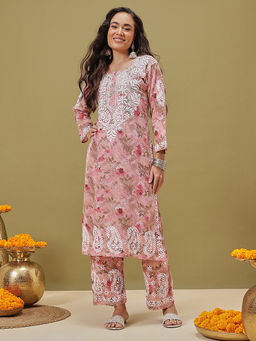 ADA - Hand Embroidered Lucknowi Chikankari Printed Cotton Peach Kurta with Pant