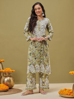 ADA - Hand Embroidered Lucknowi Chikankari Printed Cotton Green Kurta with Pant