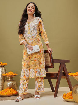 ADA - Hand Embroidered Lucknowi Chikankari Printed Cotton Yellow Kurta with Pant