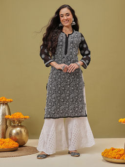 ADA - Ethnic Motifs Hand Embroidered Chikankari Black Georgette Kurta with Palazzo
