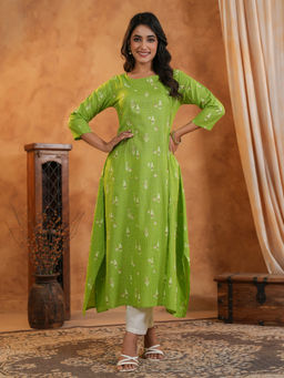 SPAN - Green A-Line Printed Kurta With Pant