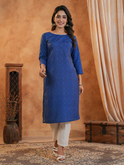 SPAN - Blue Straight Printed Kurta With Pant
