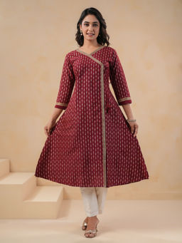 SPAN - Red A-Line Printed Kurta With Pant