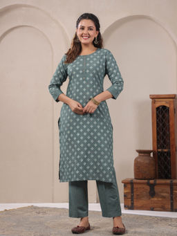 SPAN - Green Straight Printed Kurta With Pant