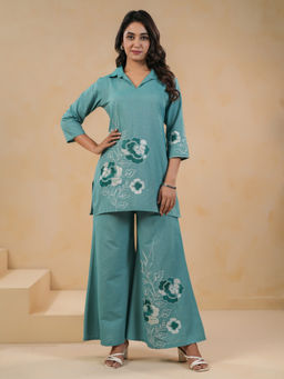 SPAN - Green Straight Floral Tunic With Palazzo Co-Ord Set