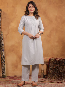 SPAN - Grey Straight Solid Kurta With Pant
