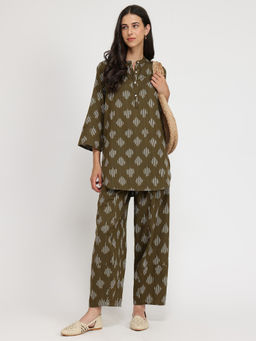 Pink Fort - Cotton Ikat Tunic With Pant Co-Ord - Olive