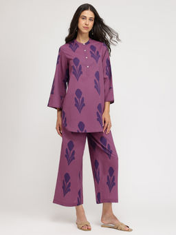 Pink Fort - Cotton Geometric Print Tunic With Pant Co-Ord - Purple