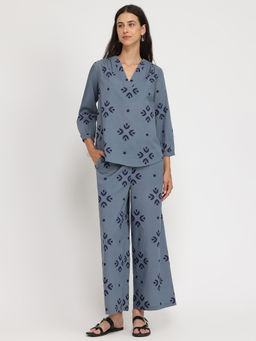 Pink Fort - Cotton Floral Motif Tunic With Pant Co-Ord - Blue