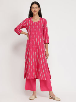 Pink Fort - Cotton Ikat A-Line Kurta With Pant - Pink