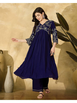 KVS FAB - Navy Blue Georgette Zari Sequence Embroidered Alia Cut Kurta With Pant Style Palazzo