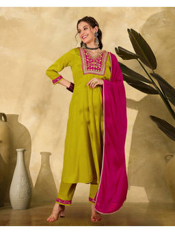 KVS FAB - Lime Yellow Zari Sequence Thread Embroidered Anarkali Kurta With Pant And Dupatta