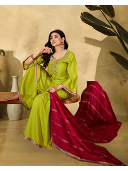 KVS FAB - Neon Green Zari Sequence Thread Embroidered Kurta With Sharara And Dupatta