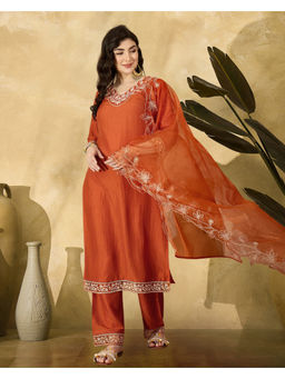KVS FAB - Orange Sequence Cotton Thread Embroidery Kurta With Pant And Dupatta